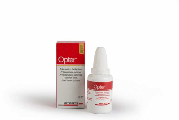 Medicamento veterinario-Opter Solucion otica para Caninos y Felinos.